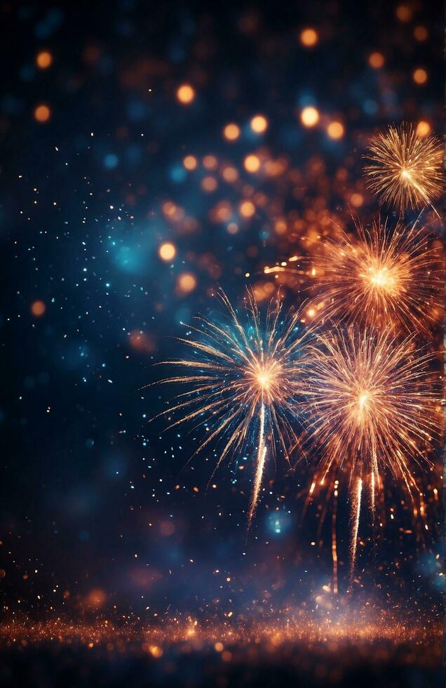 AI generated Bokeh abstract background on New Year's Eve with beautiful fireworks explosion photo