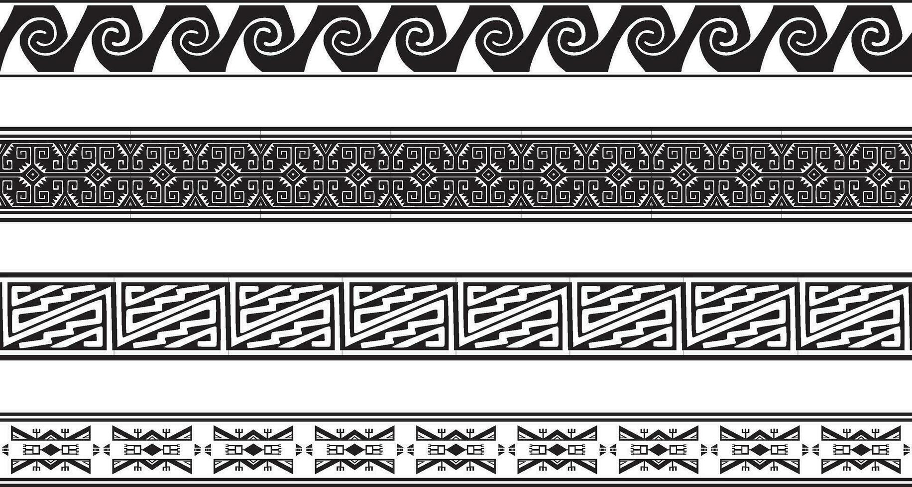 Vector set of seamless monochrome national native american ornaments. Endless ethnic black borders, frames of the peoples of America, Aztec, Maya, Incas. For sandblasting, plotter and laser cutting