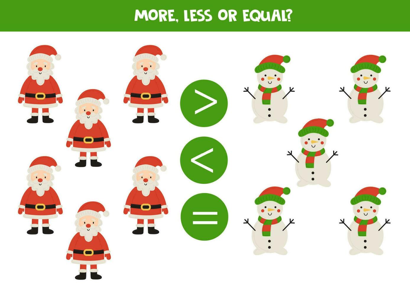 Grater, less or equal with cartoon Santa Clauses and snowmen. vector