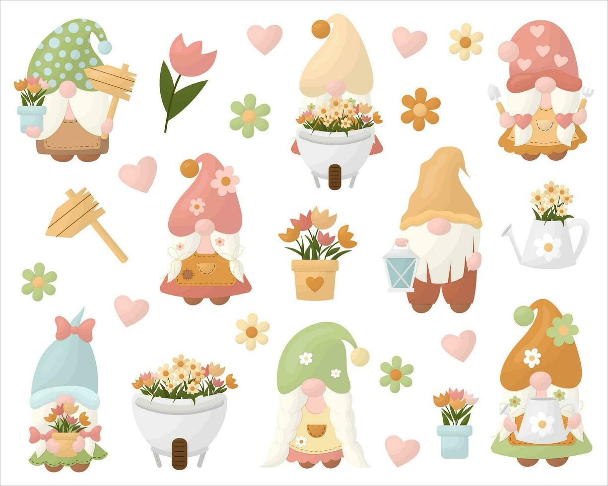 Set of vector illustrations of garden gnomes with flowers.