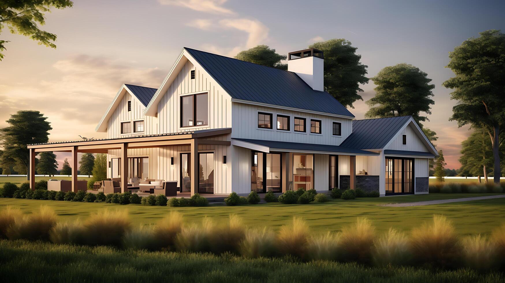 AI generated modern farmhouse on meadow photo