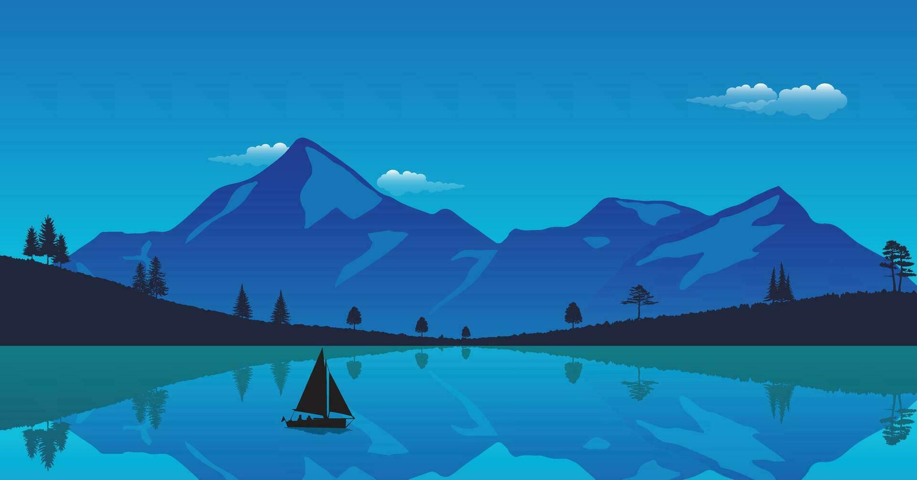 a river running through a forest with mountains in the background vector