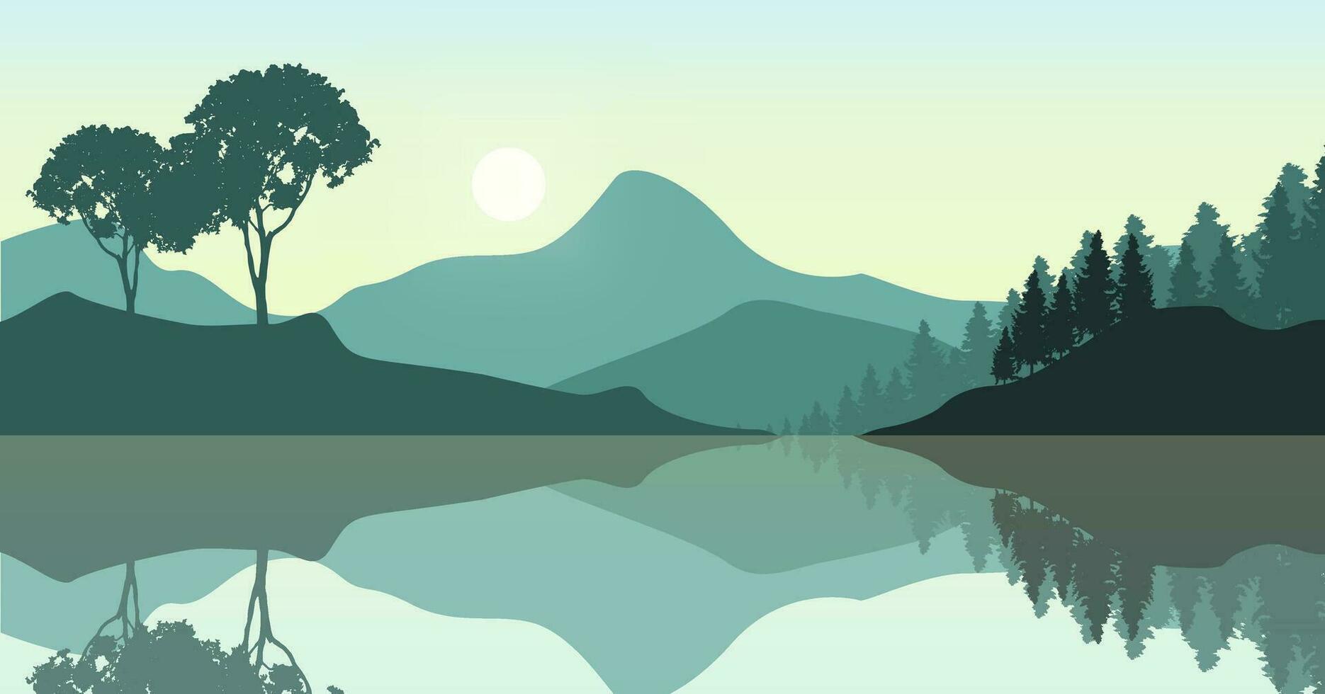 a river running through a forest with mountains in the background vector