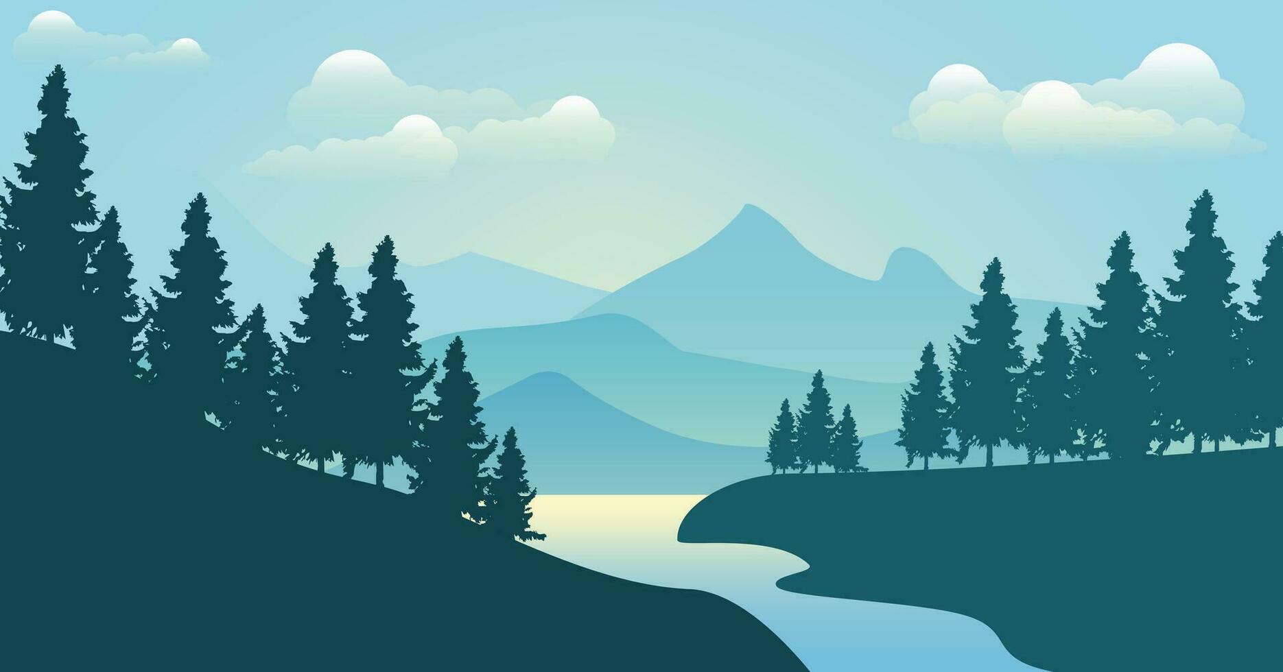 a river running through a forest with mountains in the background vector