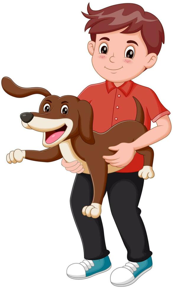 Cute little boy holding dog cartoon. Vector illustration