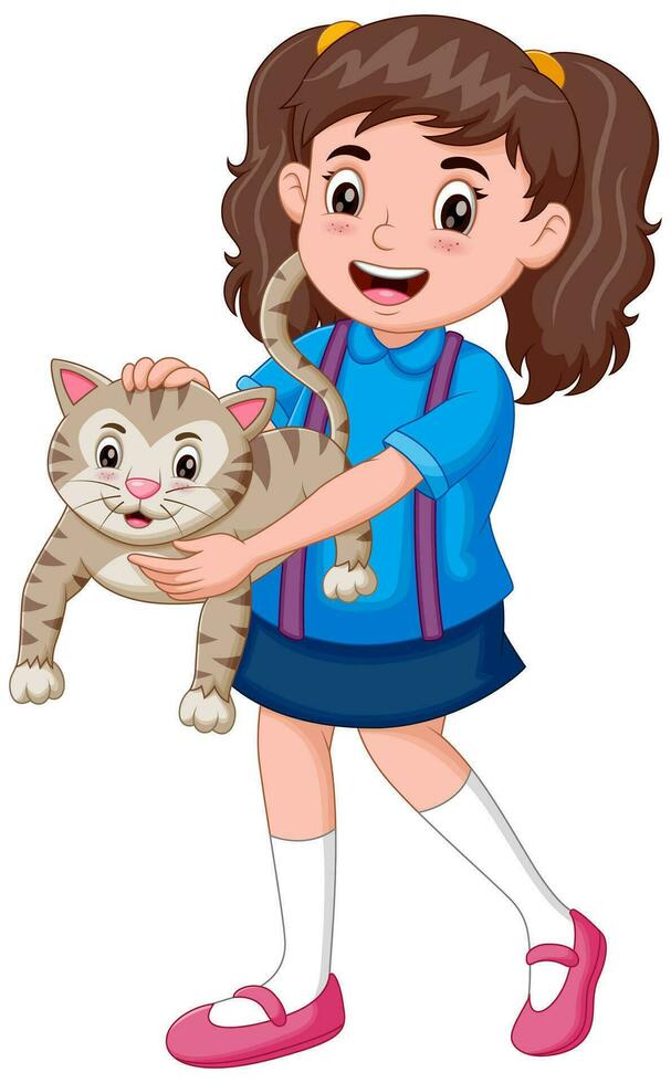 contento niña dibujos animados participación su gato. vector ilustración