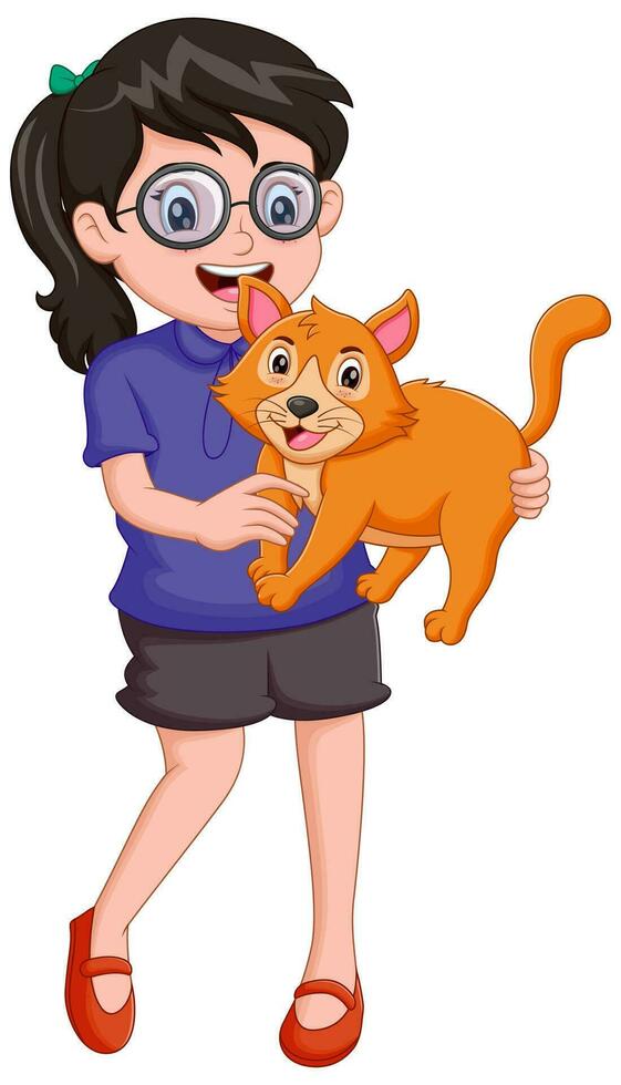 Happy girl holding cat. Vector illustration