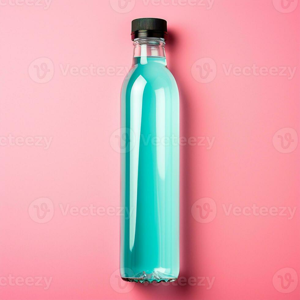 AI generated Glass bottle of water on the table, pastel isolated background - AI generated image photo