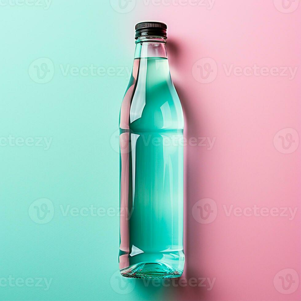 AI generated Glass bottle of water on the table, pastel isolated background - AI generated image photo