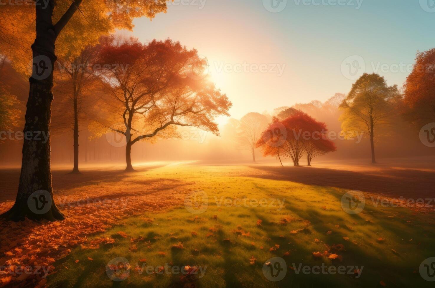 Drawing in pastel colors a natural landscape of the autumn forest in a fog scene with trees in imaginary colors like a dream. photo