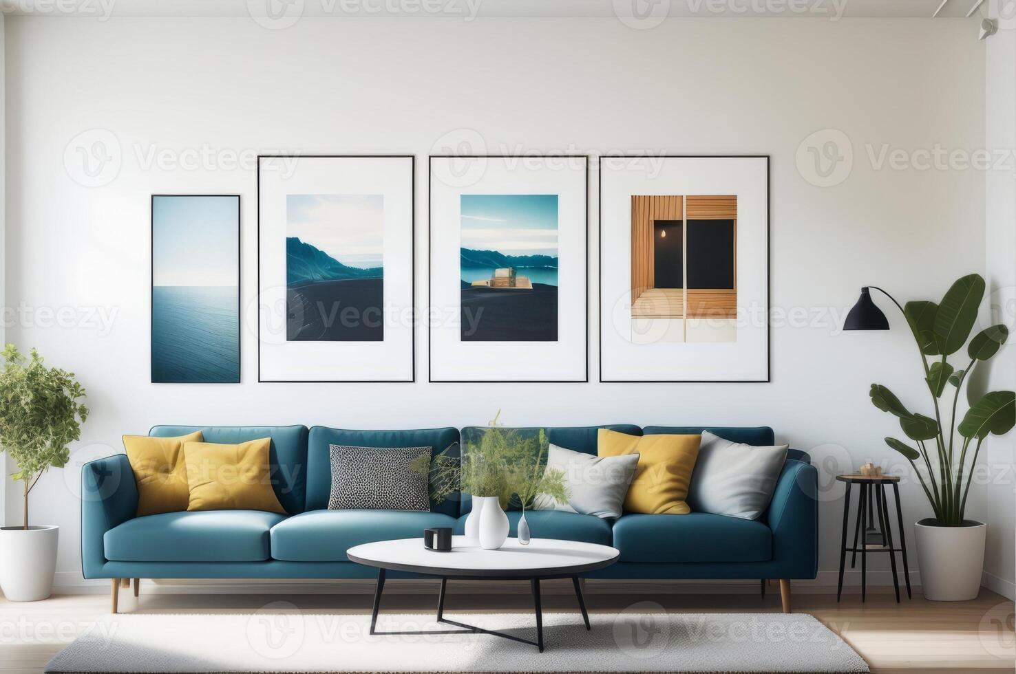 Stylish Living Room Interior with Mockup Frame Poster, Modern interior design. photo