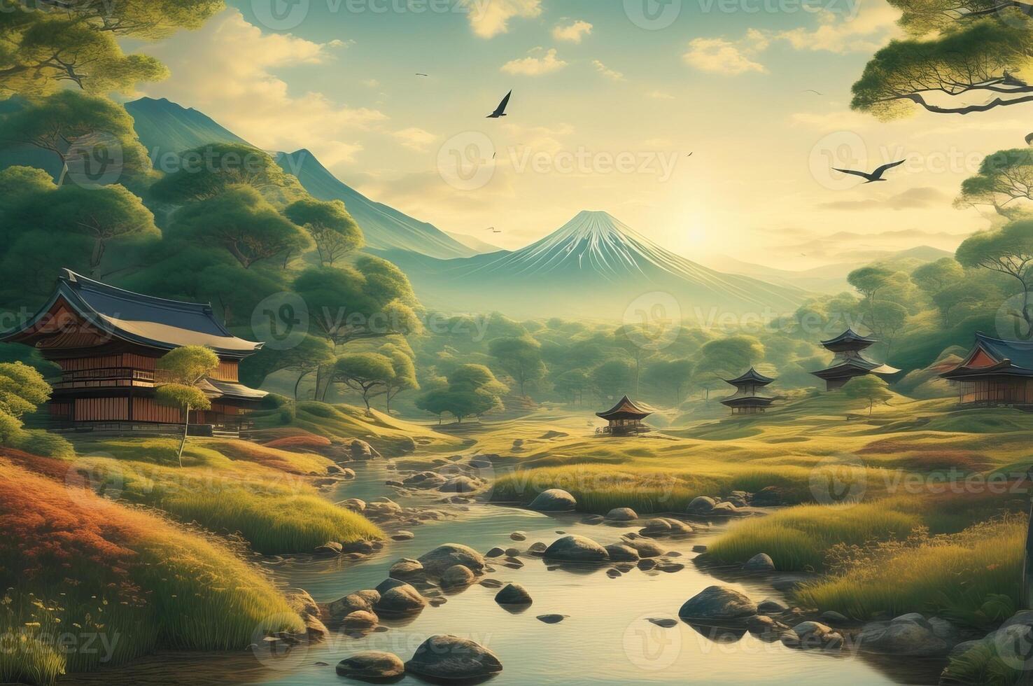 drawing wallpaper of a landscape of birds crane in the middle of the forest in Japanese vintage style. photo