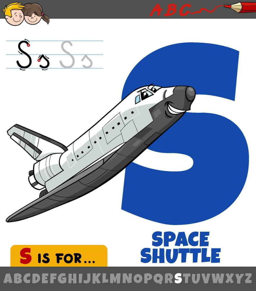 letter S worksheet with cartoon space shuttle character vector