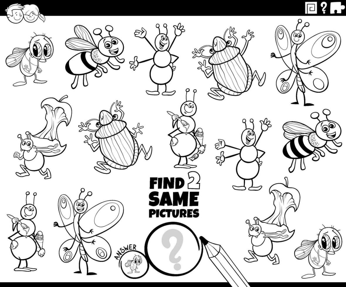 find two same cartoon insects activity coloring page vector