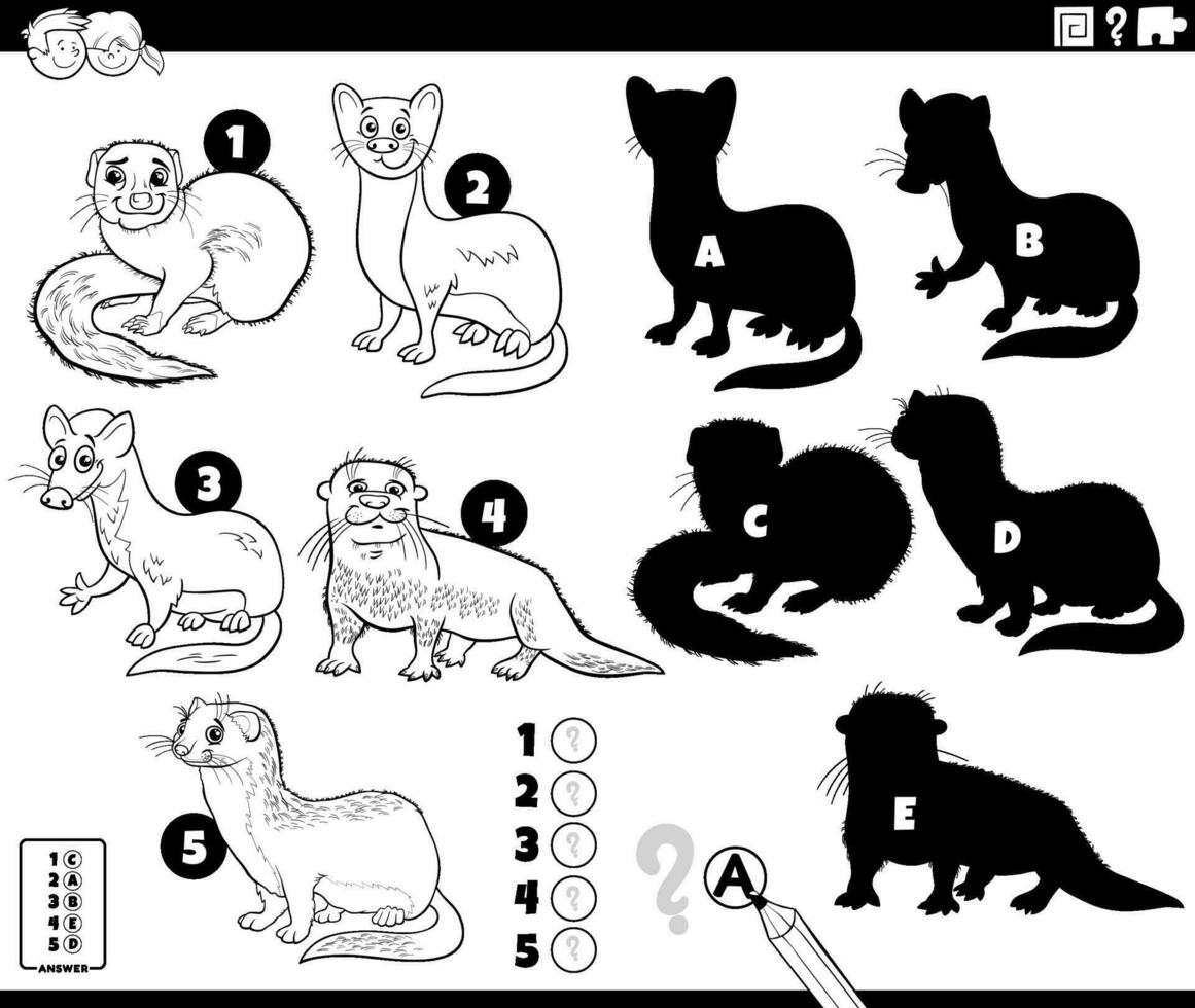 shadows game with cartoon animal characters coloring page vector