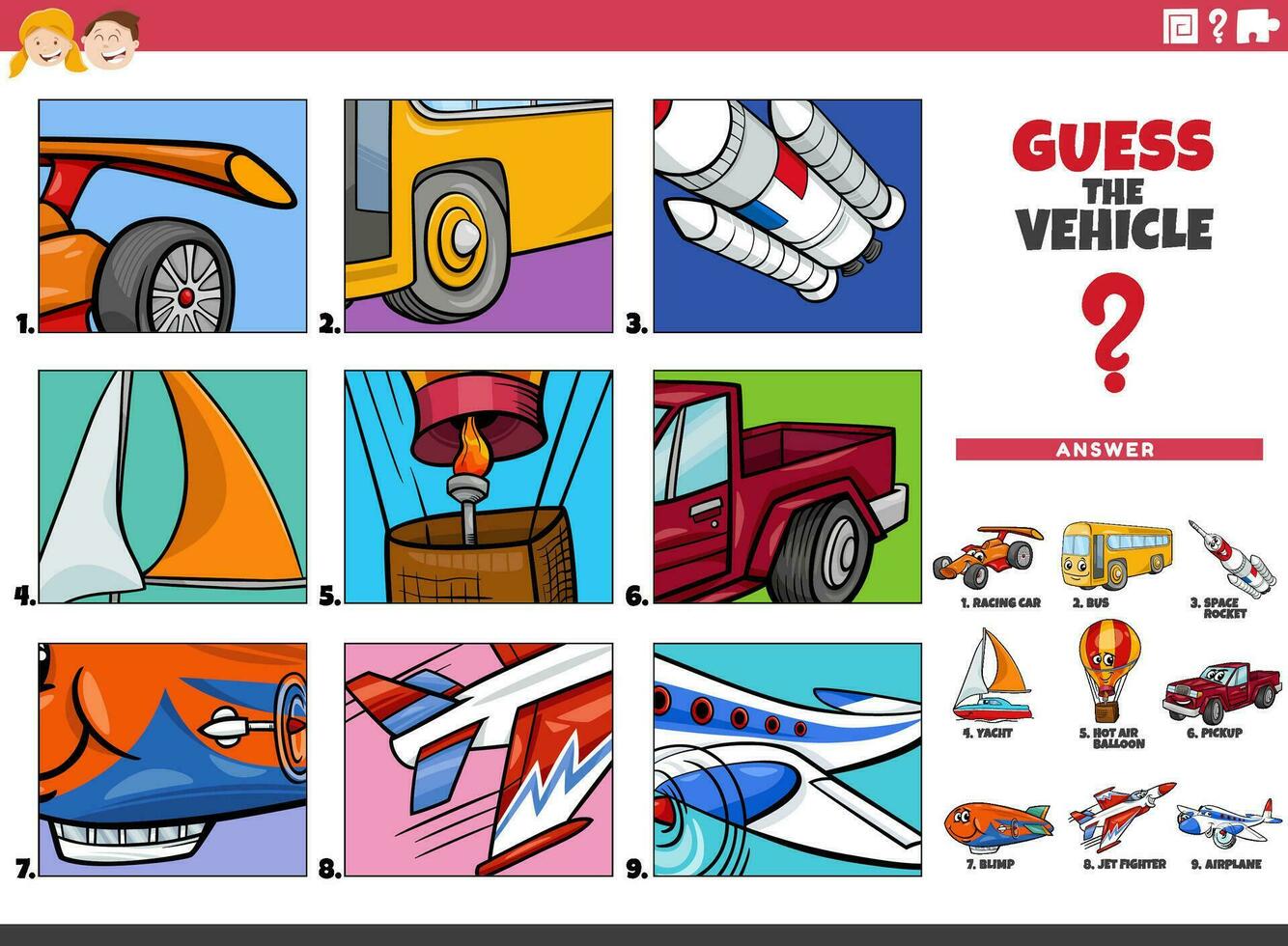 adivinar el transporte vehículo dibujos animados educativo juego vector