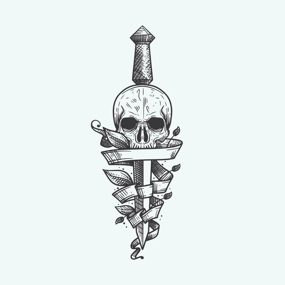 vintage skull head logo design with leaf and dagger ornament vector