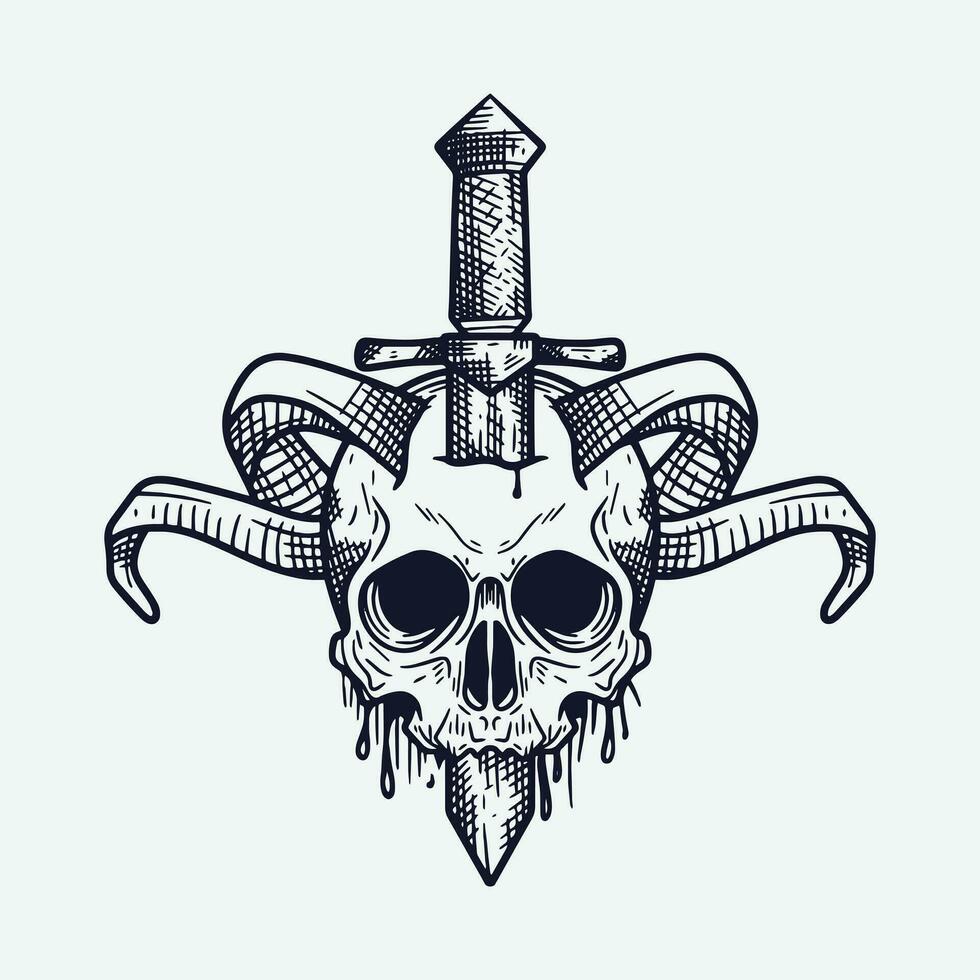 vintage logo design of horned skull head with sword vector