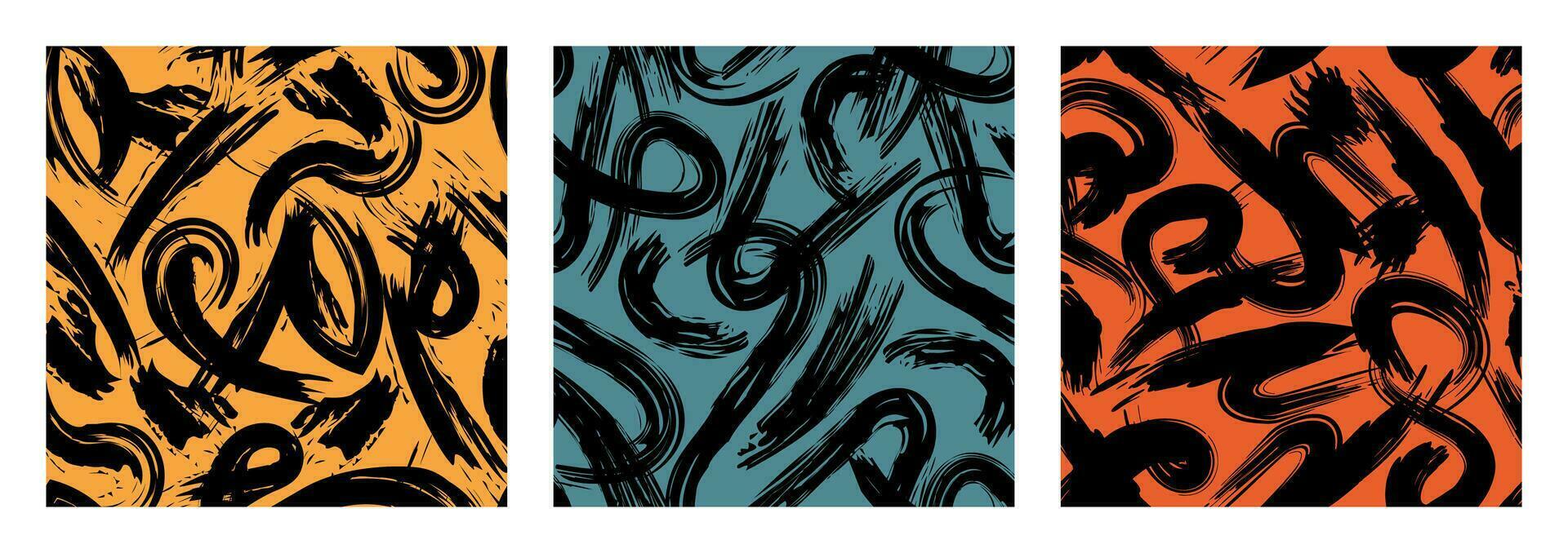 Brush strokes abstract posters. Messy graffiti seamless pattern set. Boho naive wall art. Contemporary paint stroke, curl, loop spray splatters background. Freehand rough texture. Vector Illustration