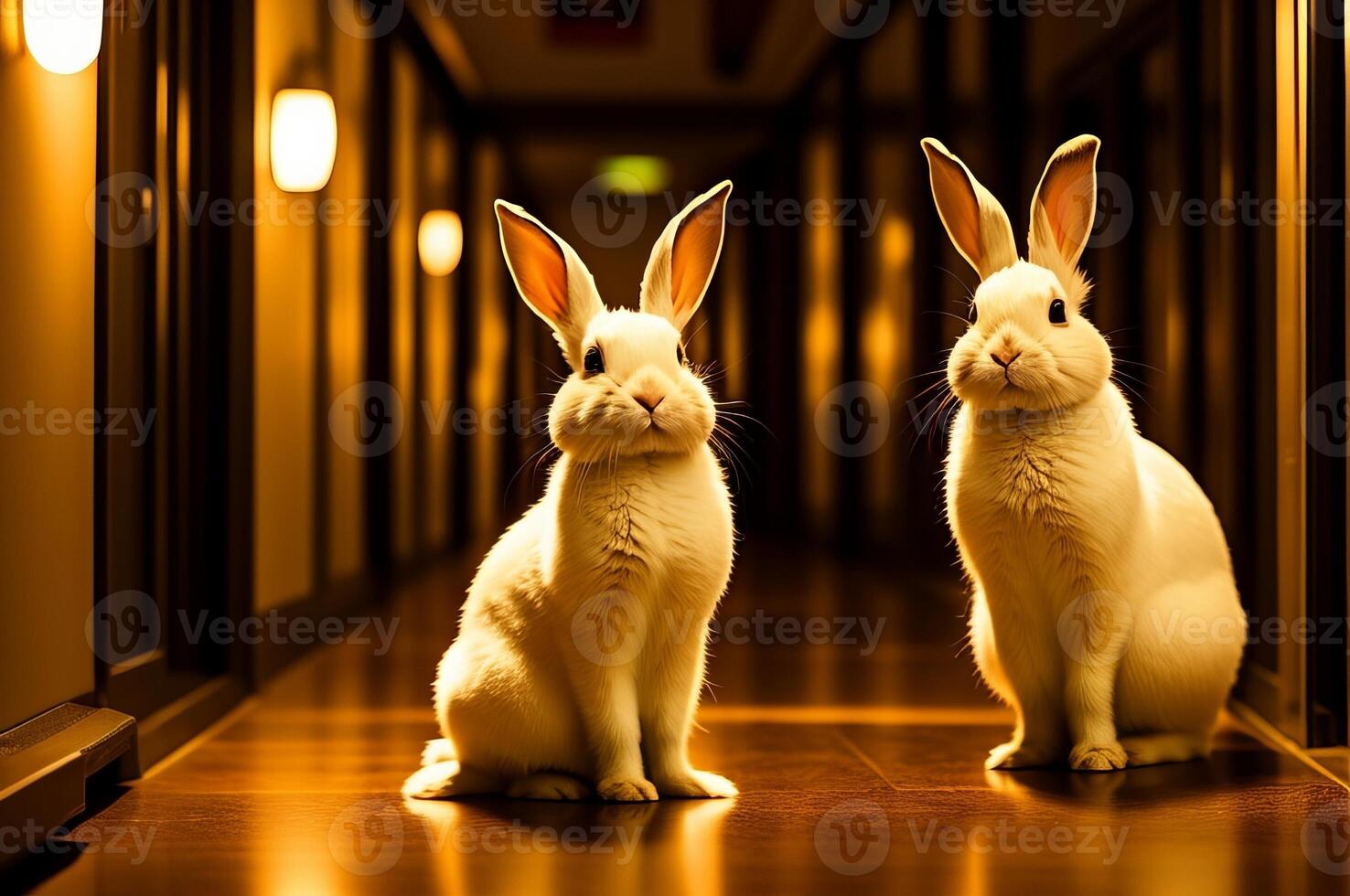 A cute bunny in a long illuminated lab hallway. photo