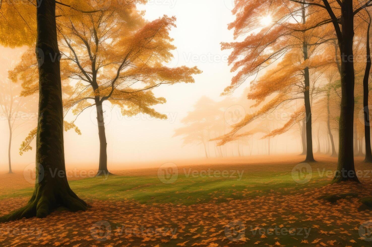 Drawing in pastel colors a natural landscape of the autumn forest in a fog scene with trees in imaginary colors like a dream. photo