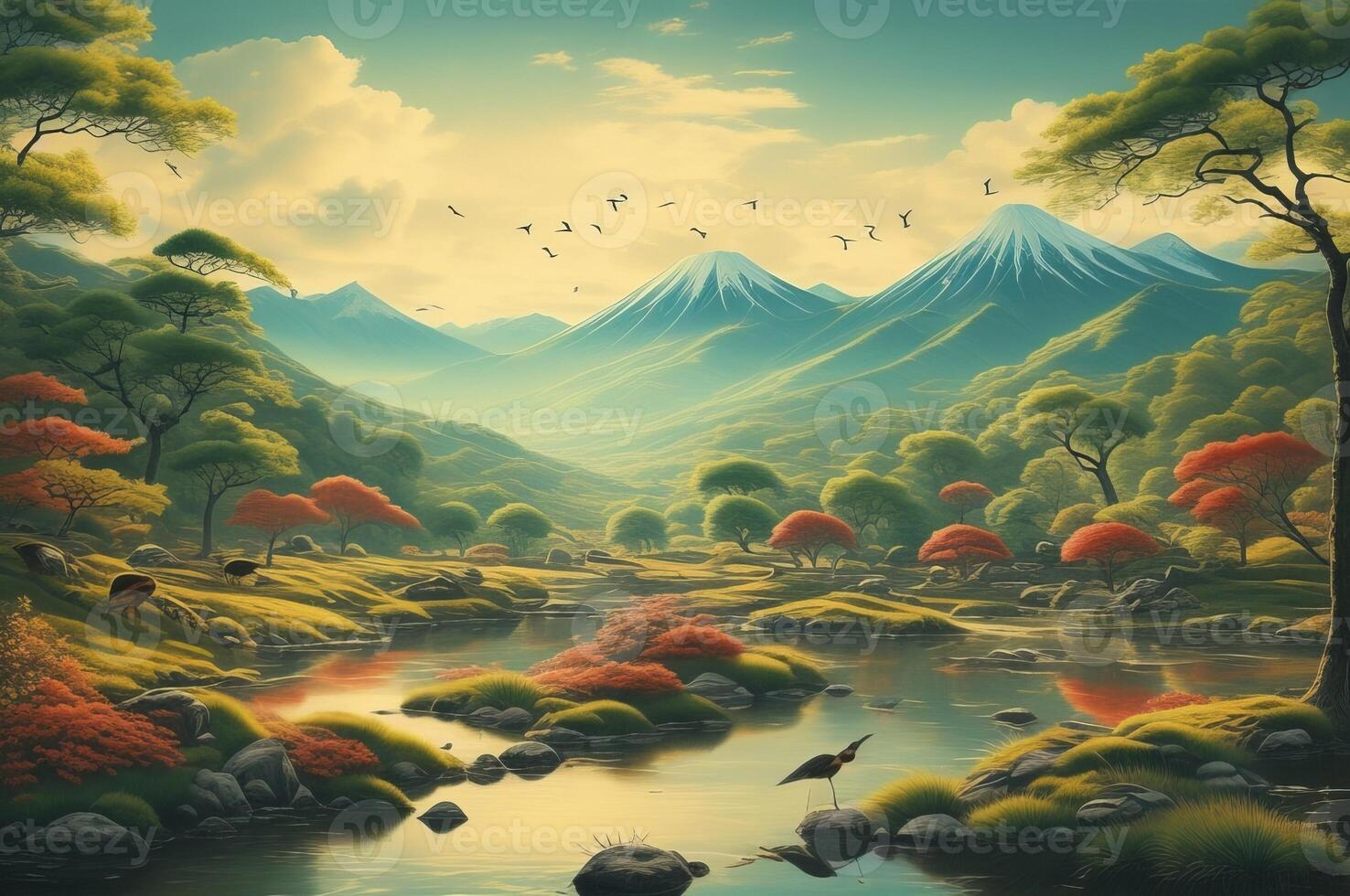 drawing wallpaper of a landscape of birds crane in the middle of the forest in Japanese vintage style. photo