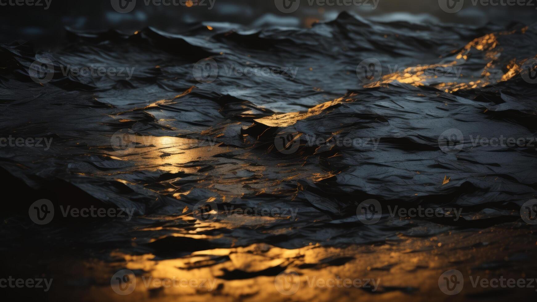 Heavy crumpled black paper texture in low light background. photo