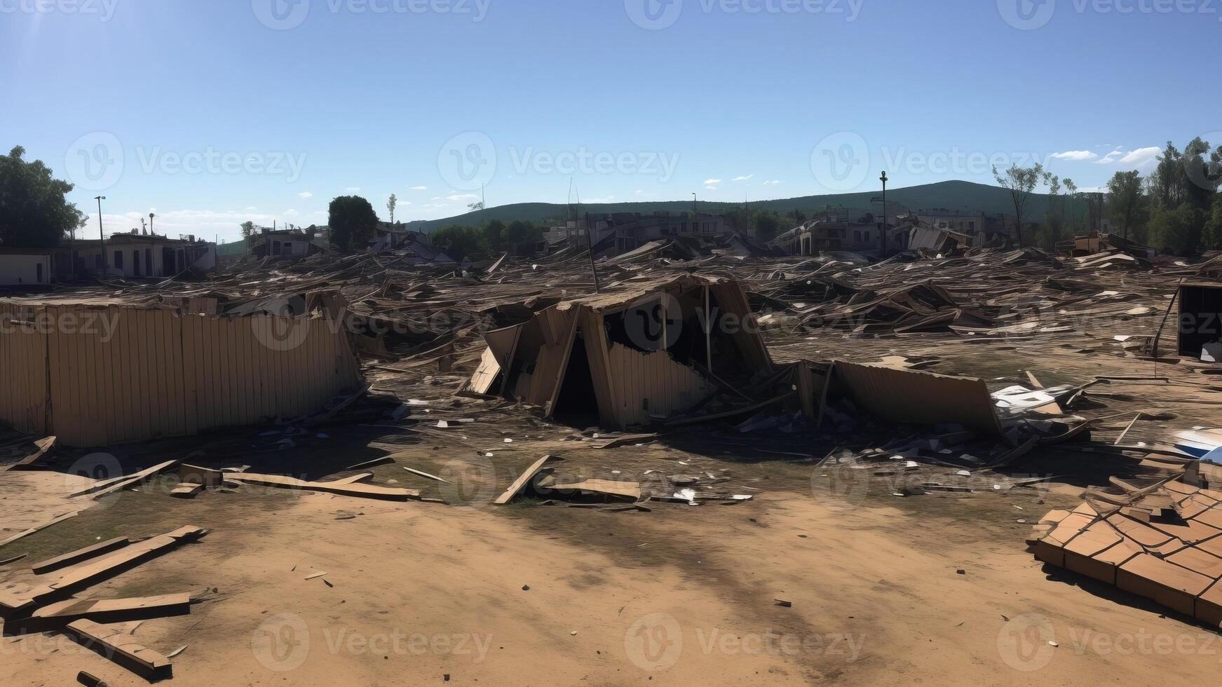 Destroyed town with collapsing structures after war. photo