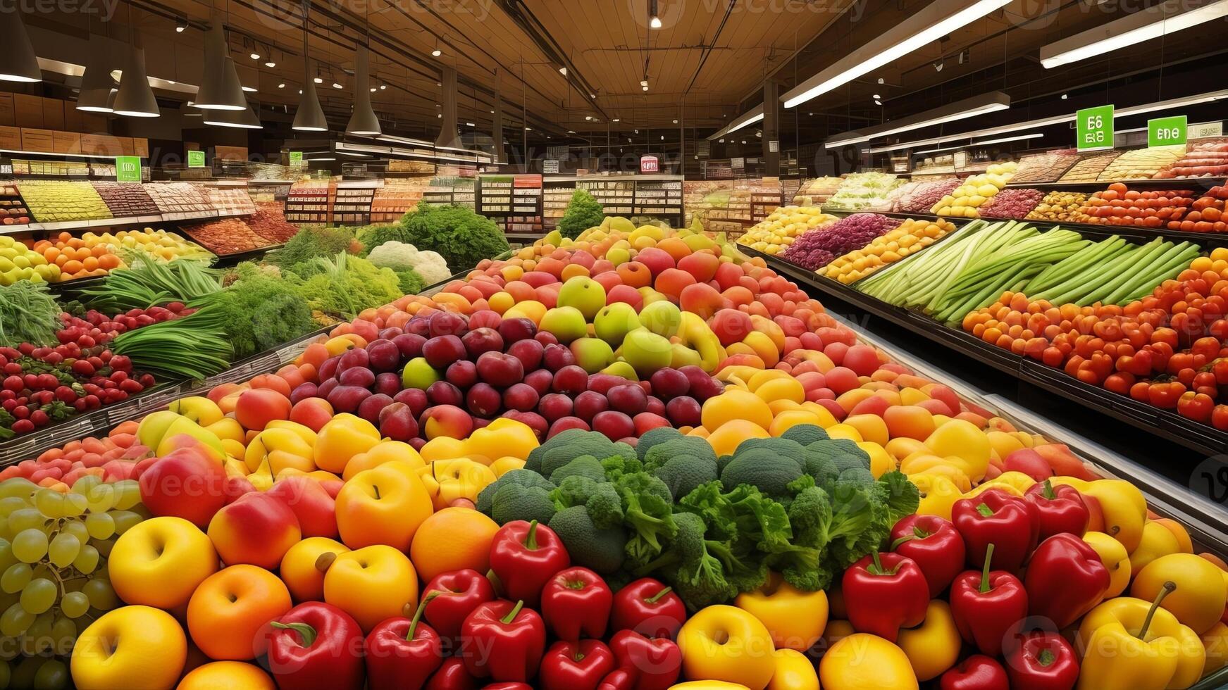 A large supermarket has a wide aisle full of fruit and vegetables, bright lighting from bulbs. photo