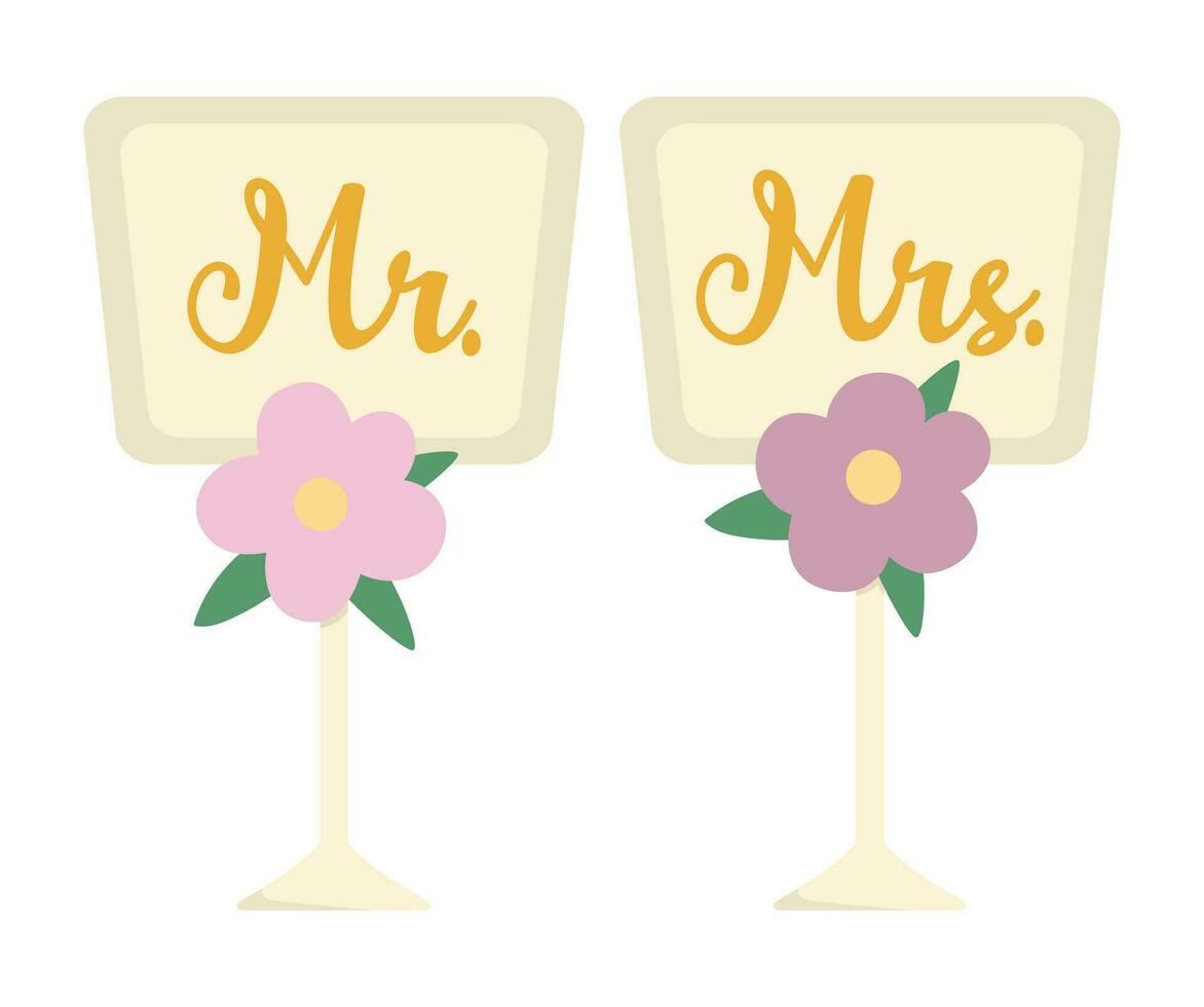 Vector wedding dining table plates with Mr. and Mrs. Inscription. Cute marriage symbol clipart element for bride and groom. Just married couple banquet decoration. Cartoon ceremony illustration