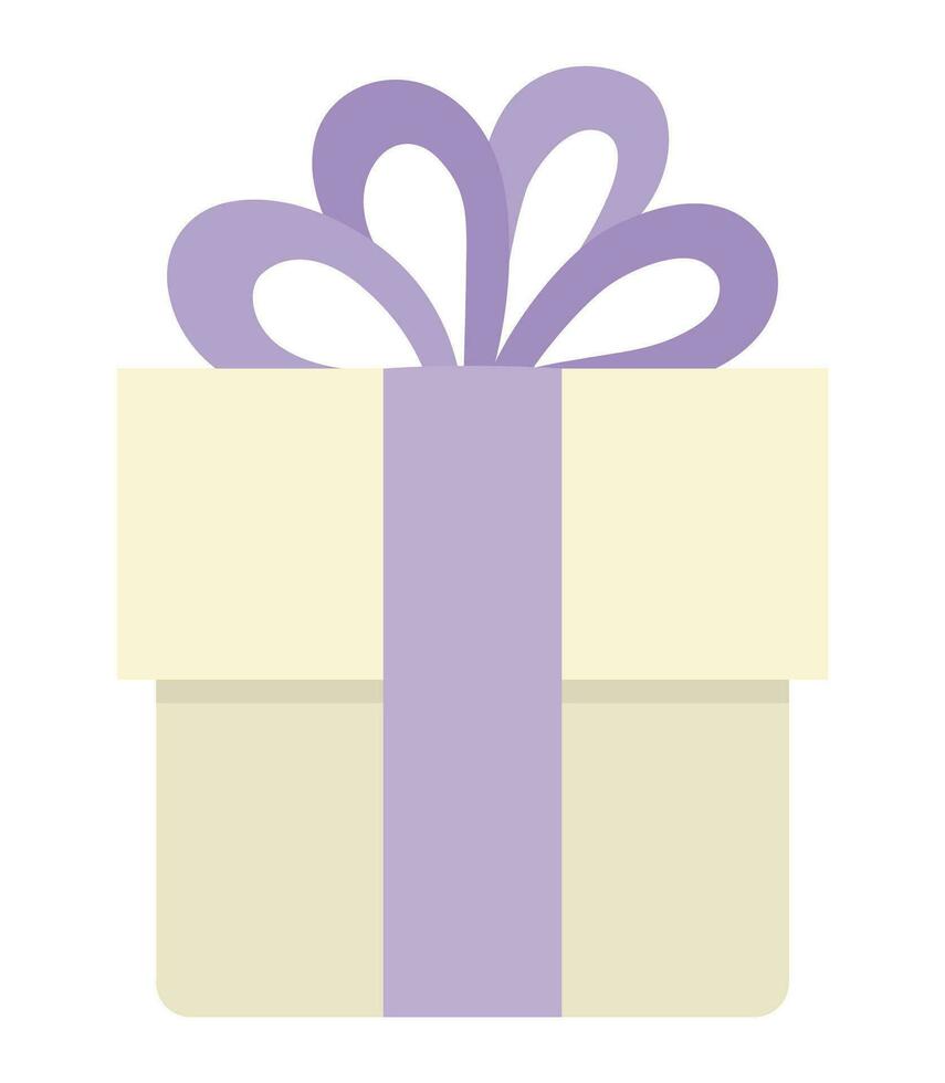 Vector cute birthday or wedding present with purple bow. Funny gift. Bright holiday illustration for kids. Cheerful celebration symbol icon isolated on white background.