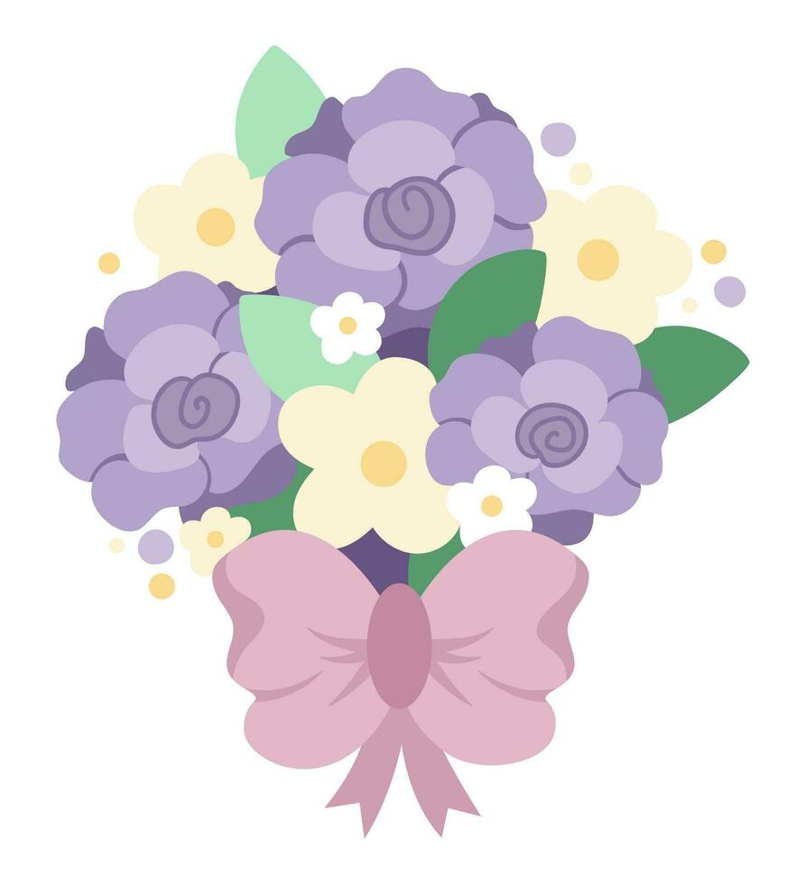 vector primavera, verano o Boda ramo de flores aislado en blanco antecedentes. hermosa plano ilustración con Rosa flores atado con un rosado arco. floral decorativo elemento