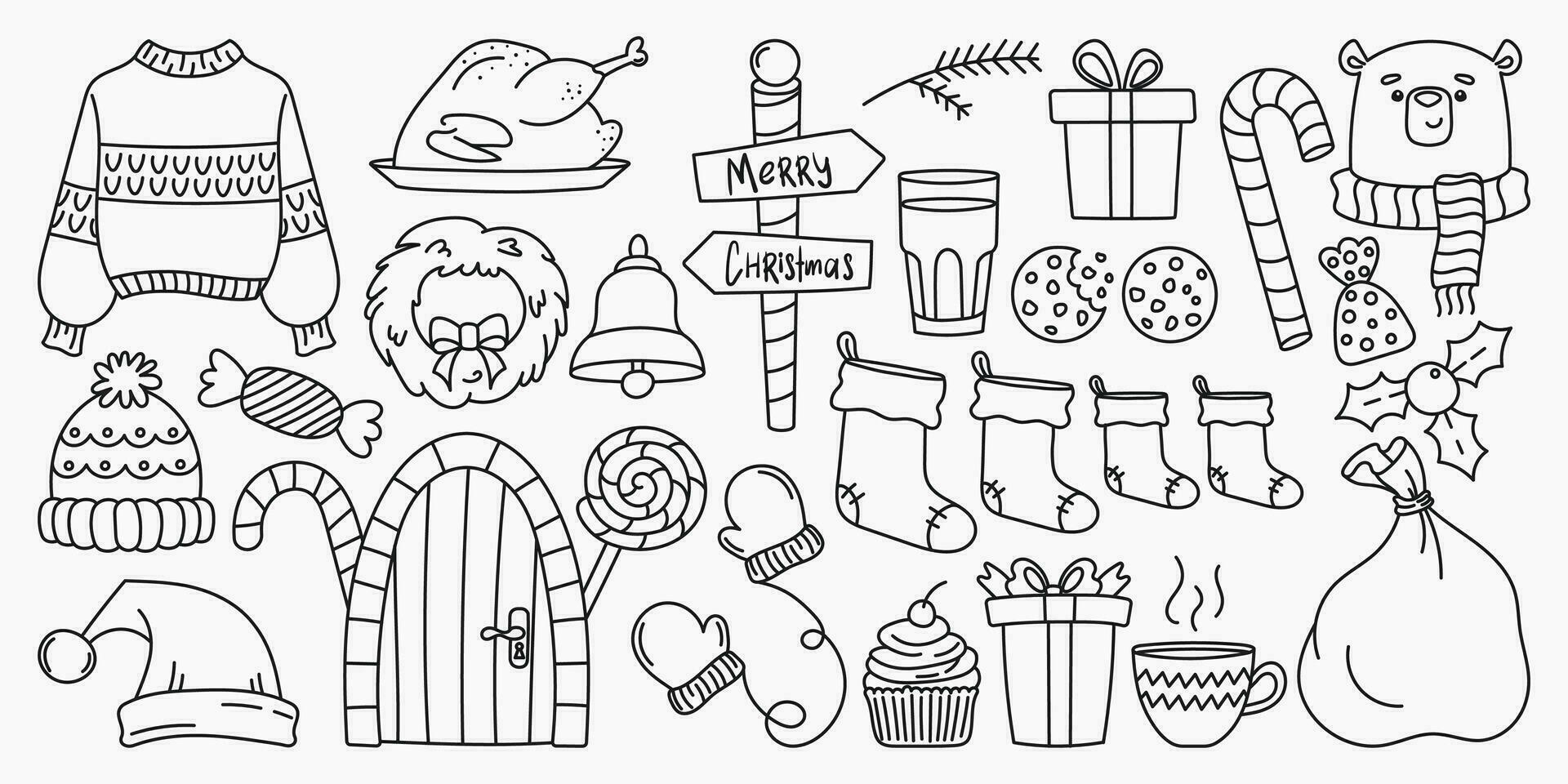 Set of Christmas elements, doodle drawings vector