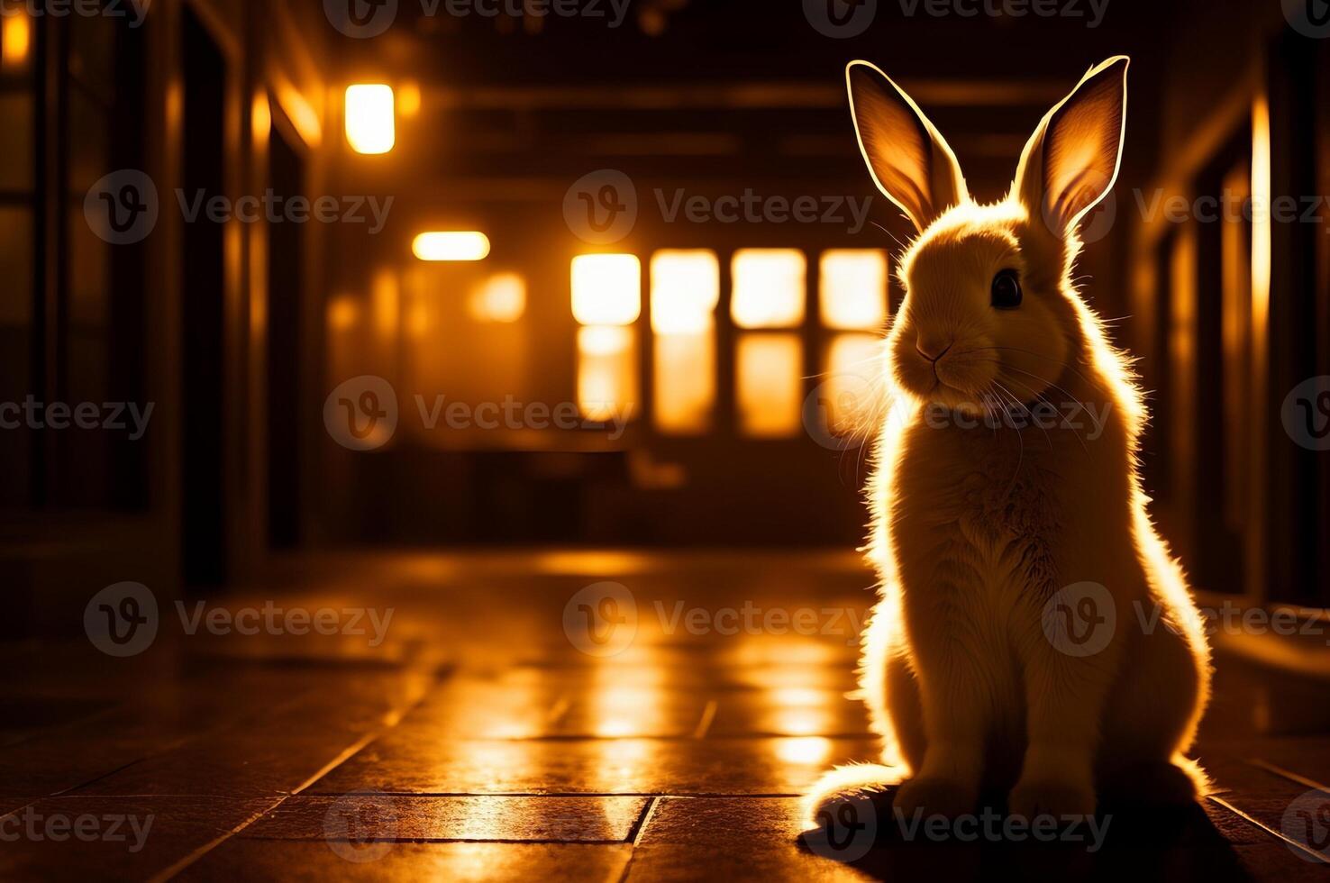 A cute bunny in a long illuminated lab hallway. photo