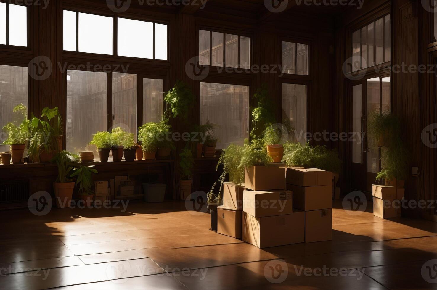 Smiling cardboard boxes and potted plant in empty room. photo
