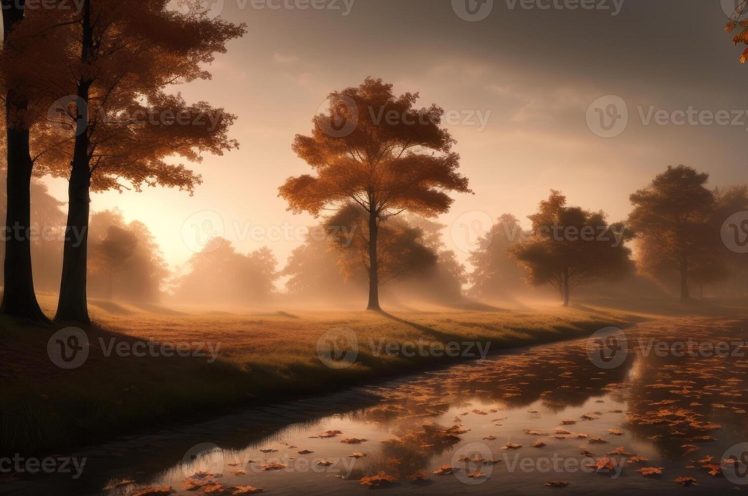 Drawing in pastel colors a natural landscape of the autumn forest in a fog scene with trees in imaginary colors like a dream. photo