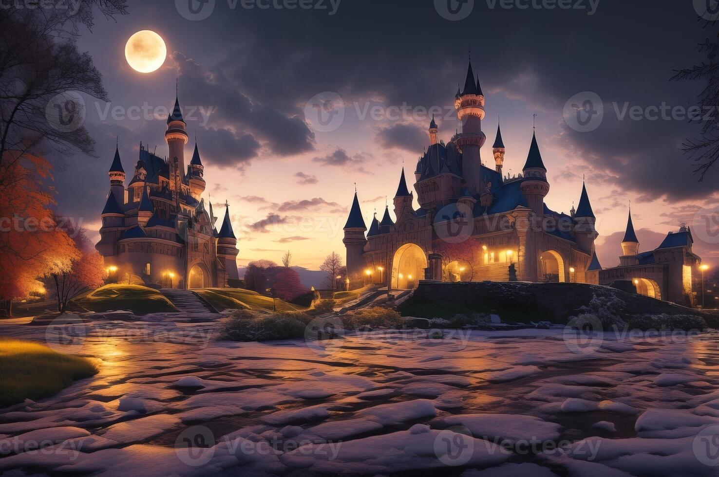 watercolor castle, snow covered, with pink flower tree and moon in the background. photo