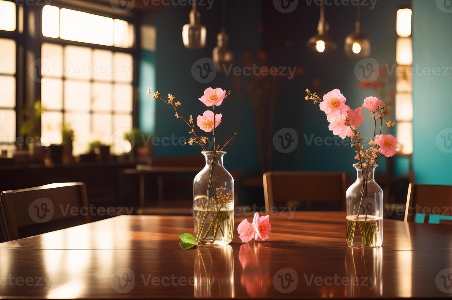 Glass vase with pink blossoms flowers twigs on glass table near empty, blank turquoise wall. photo