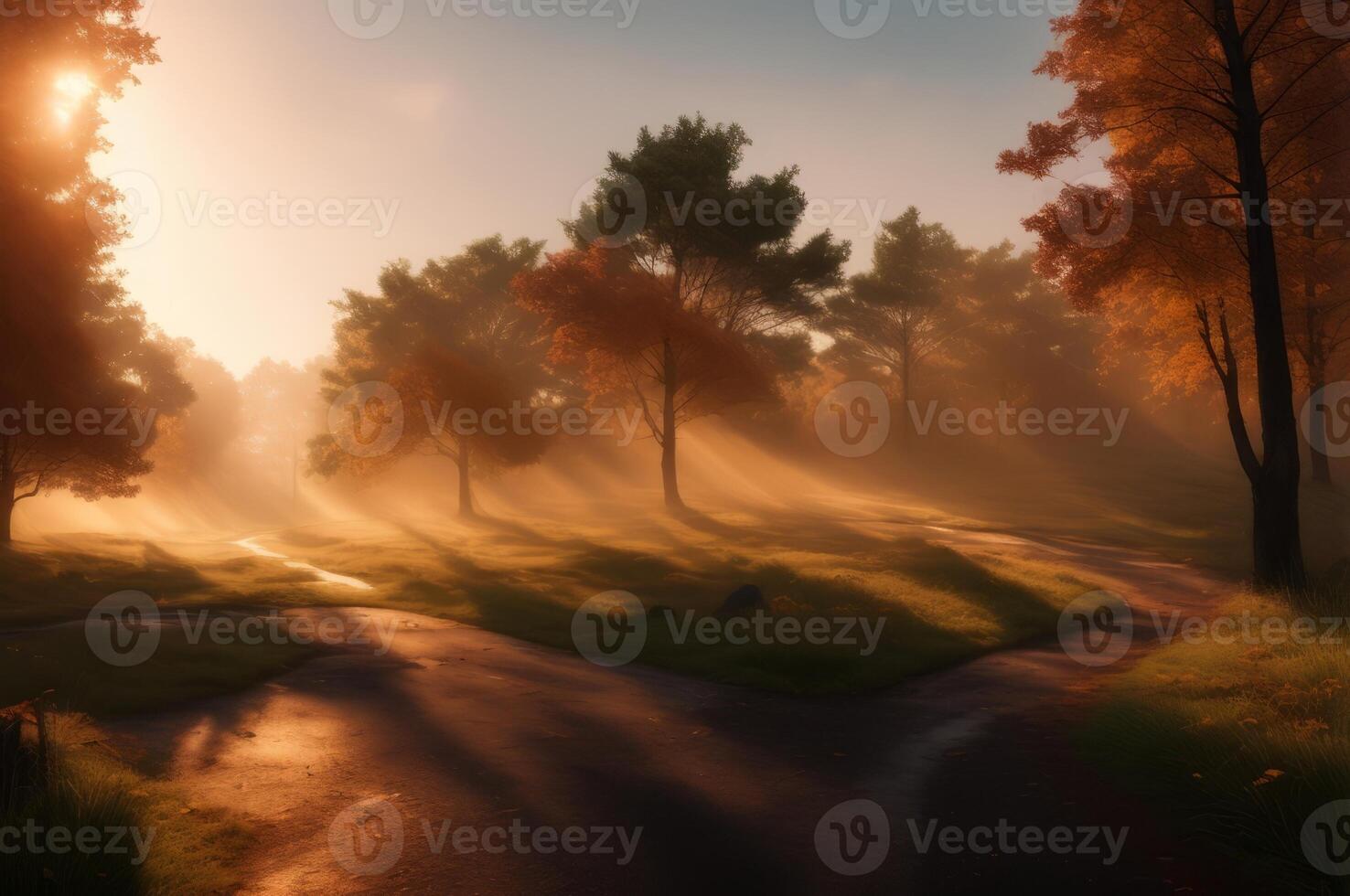 Drawing in pastel colors a natural landscape of the autumn forest in a fog scene with trees in imaginary colors like a dream. photo