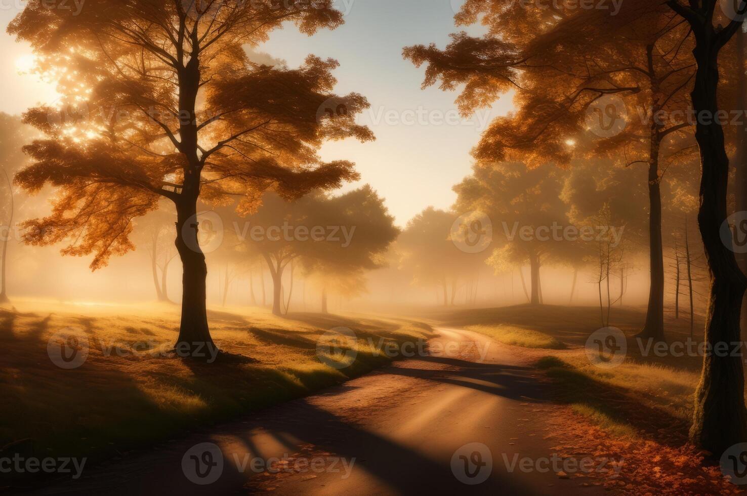 Drawing in pastel colors a natural landscape of the autumn forest in a fog scene with trees in imaginary colors like a dream. photo