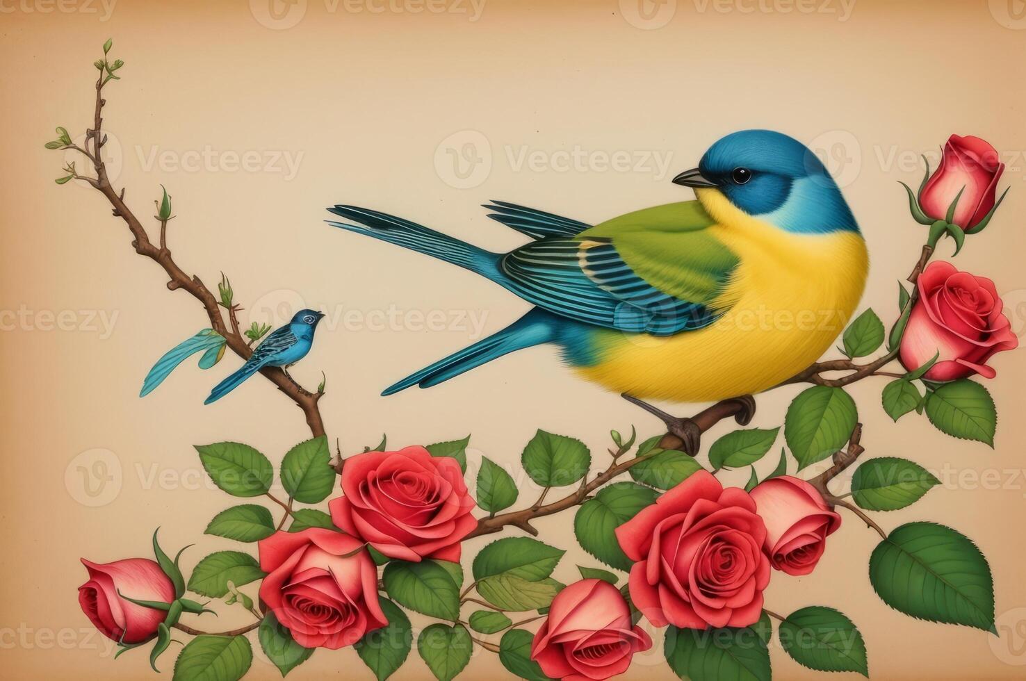 painting of a bird in bright, beautiful colors among flowers, roses, branches and butterflies, vintage drawing in a Japanese style. AI Generated photo