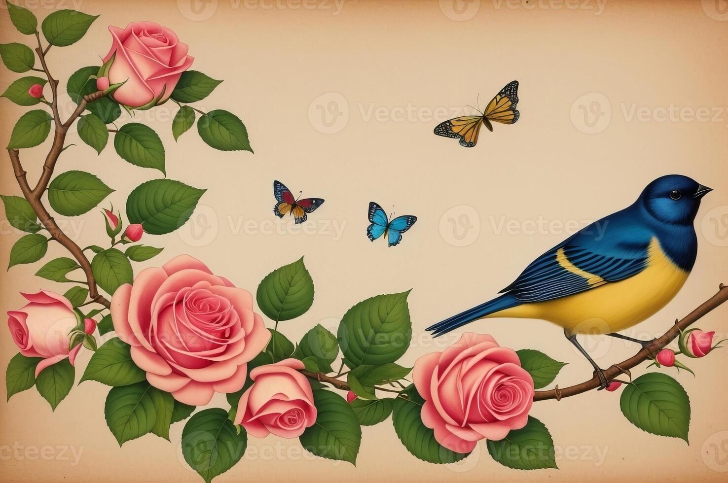 painting of a bird in bright, beautiful colors among flowers, roses, branches and butterflies, vintage drawing in a Japanese style. photo