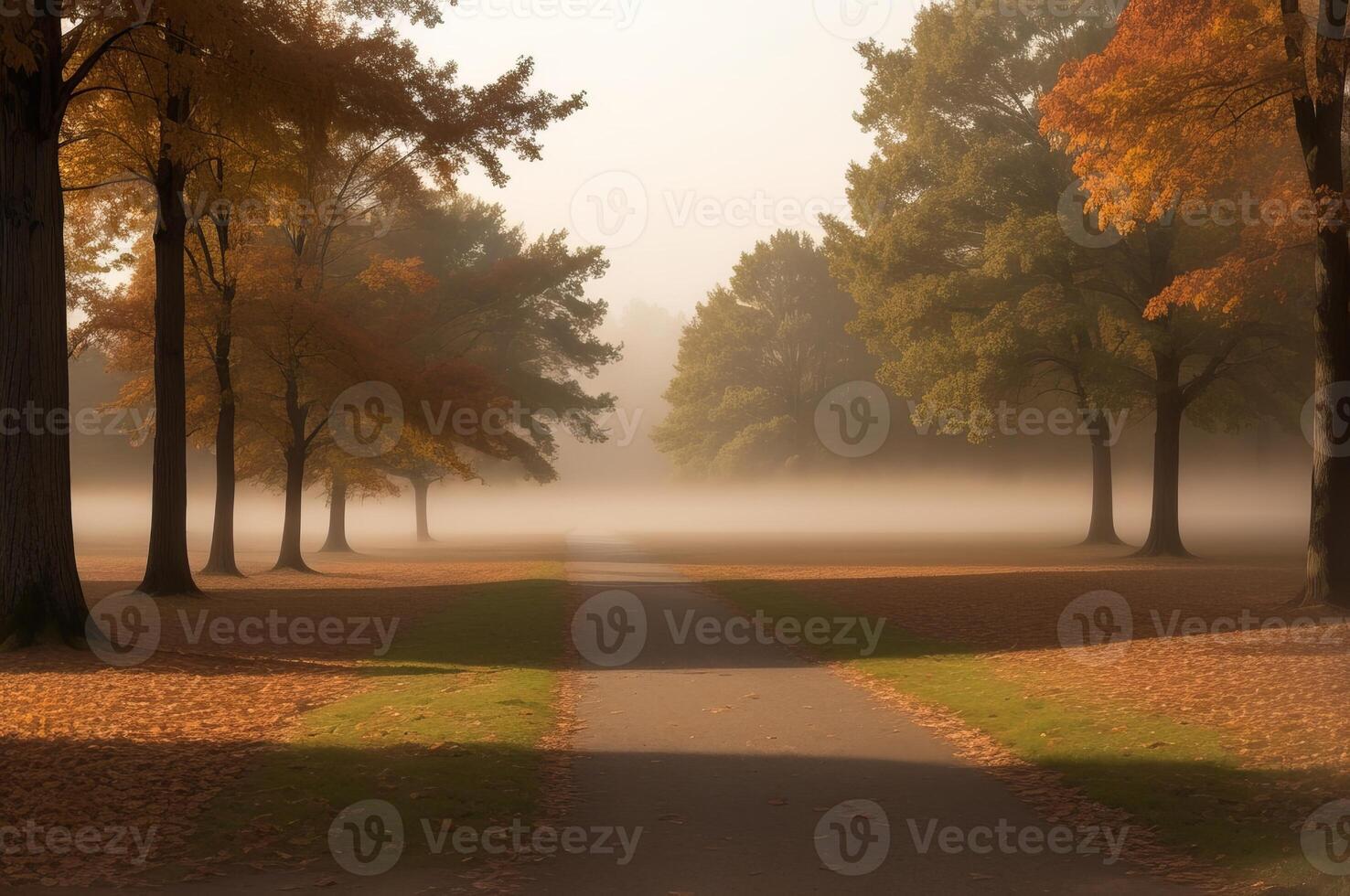 Drawing in pastel colors a natural landscape of the autumn forest in a fog scene with trees in imaginary colors like a dream. photo