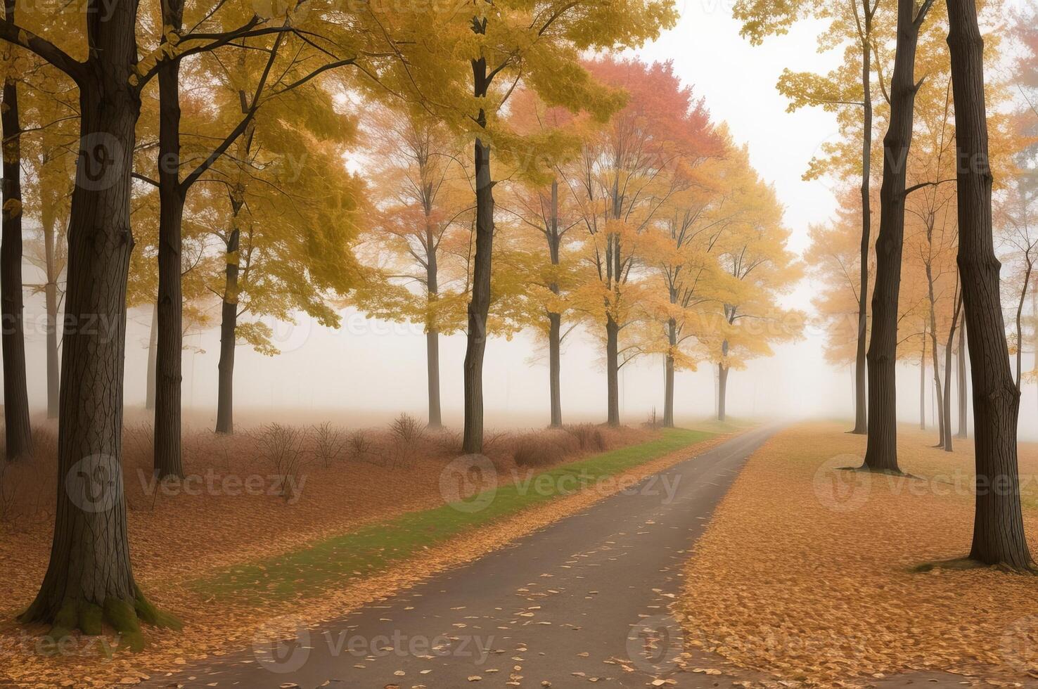 Drawing in pastel colors a natural landscape of the autumn forest in a fog scene with trees in imaginary colors like a dream. photo