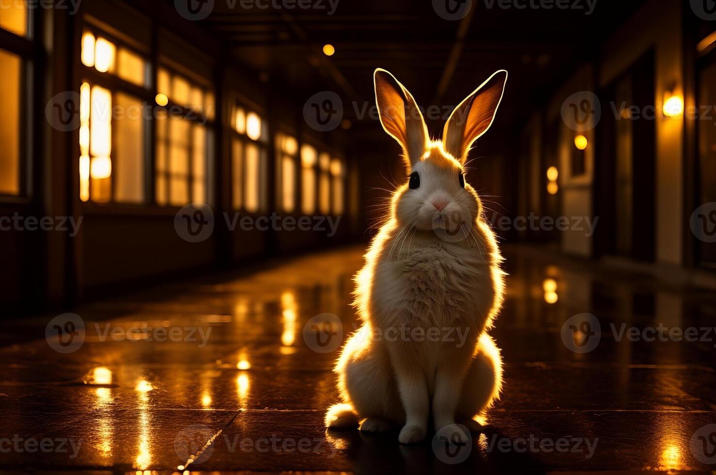 A cute bunny in a long illuminated lab hallway. photo