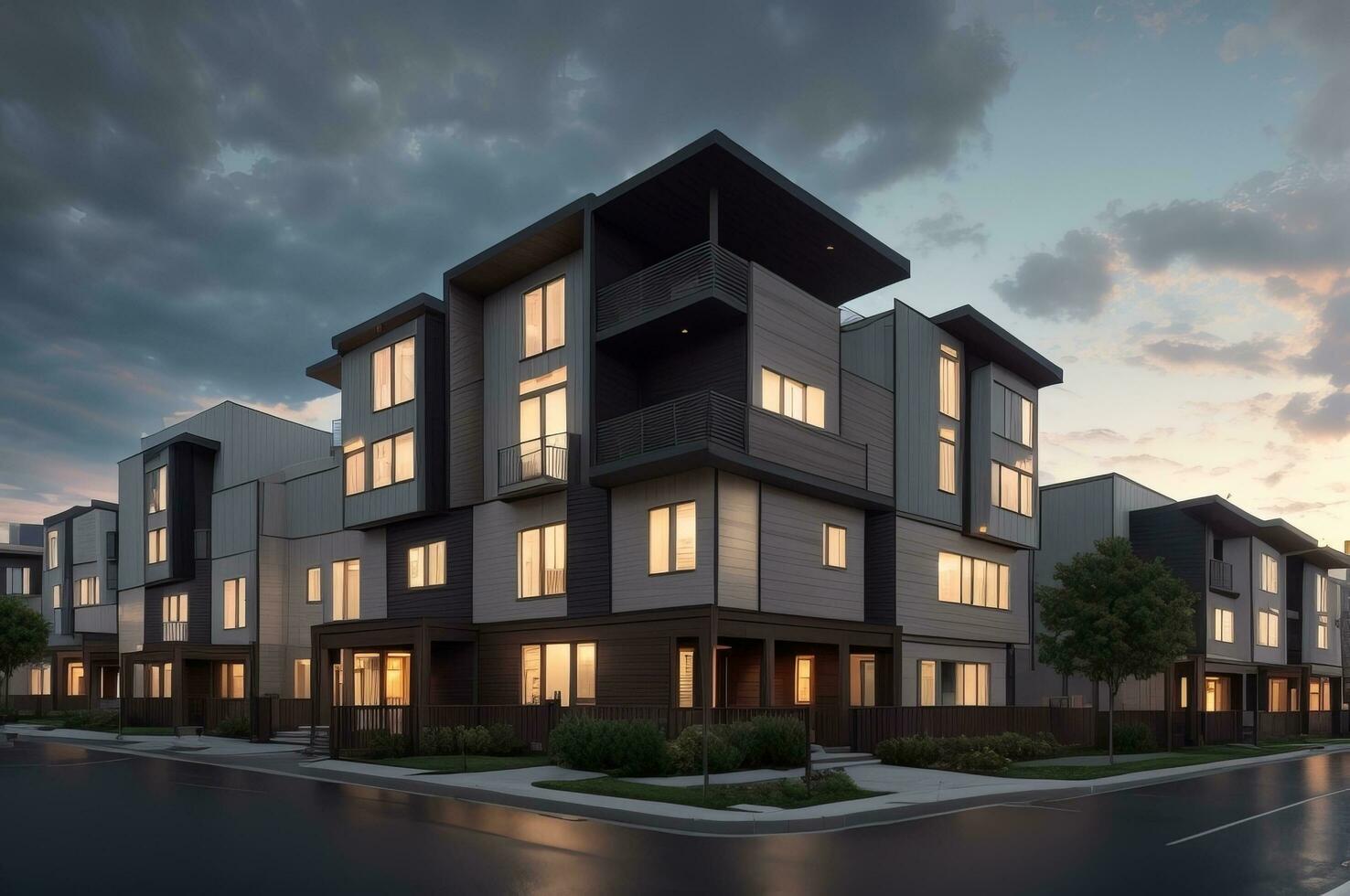 Modern modular private black townhouses. Residential architecture exterior. AI Generated photo