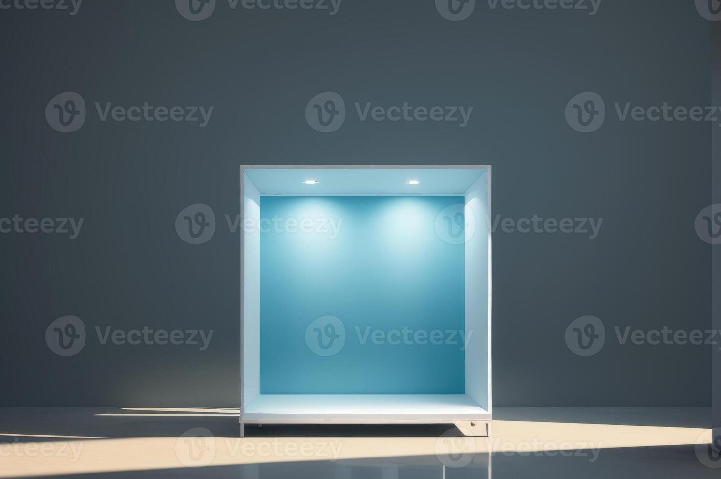 White product stand on blue background. Abstract minimal geometry concept. photo