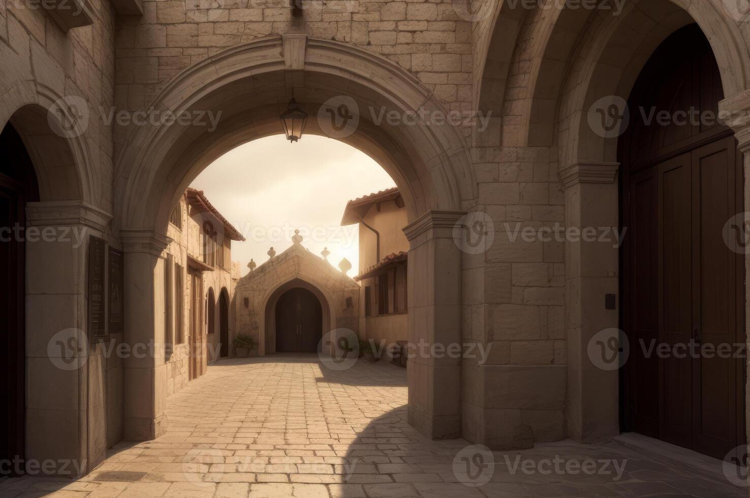 A 3d rendering of a stone archway in a courtyard photo