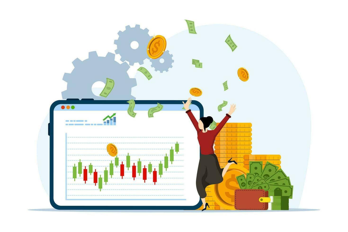 Stock Exchange Currency Trading Concept, market data analysis, stock trading, bond buying and selling, financial investment. Vector illustration with character design.