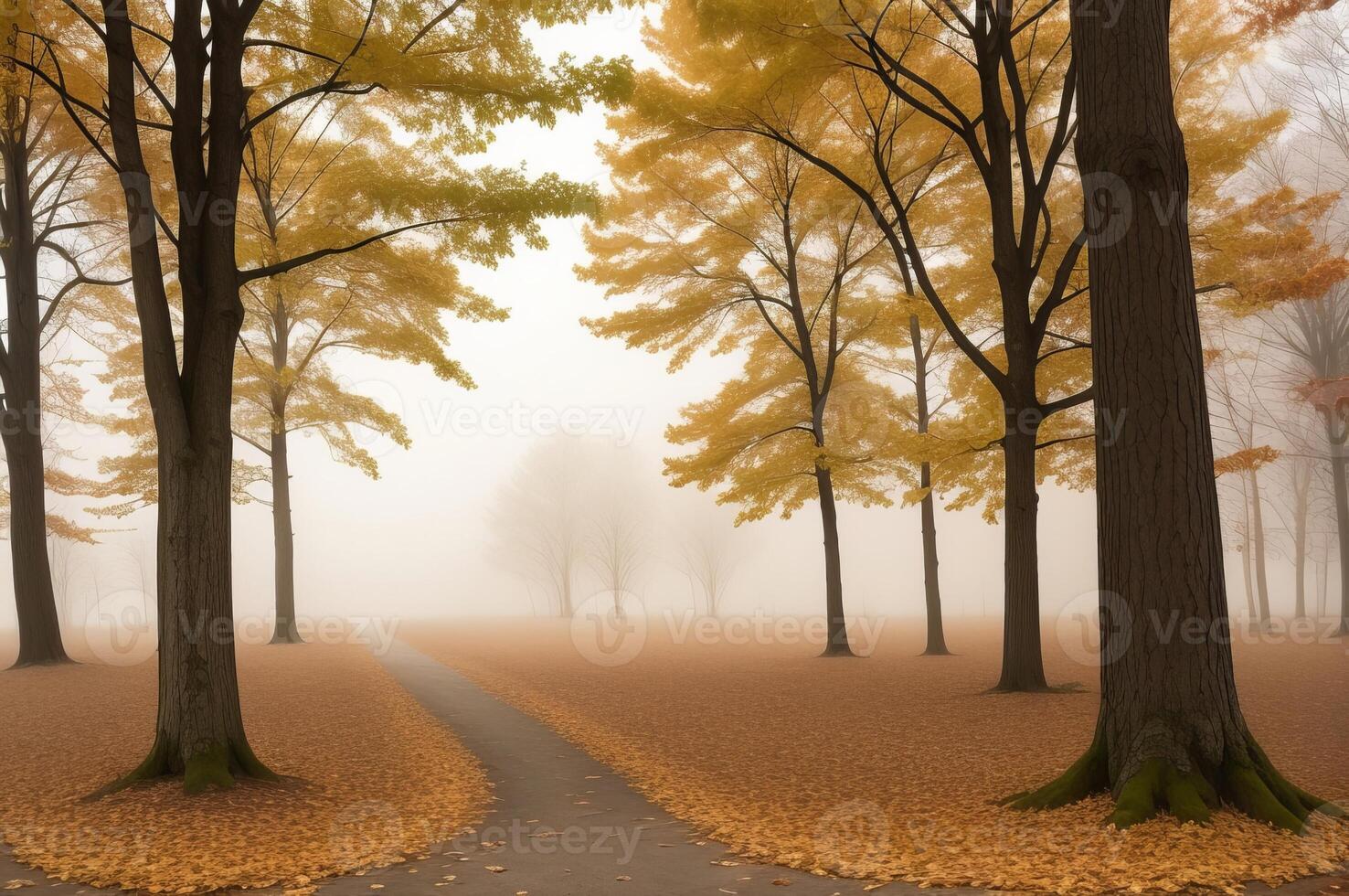 Drawing in pastel colors a natural landscape of the autumn forest in a fog scene with trees in imaginary colors like a dream. photo